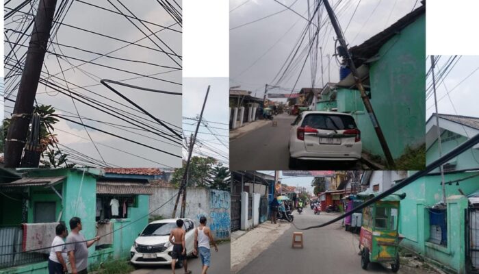 Kabel Semrawut dan Tiang Miring di Karawang Wetan Ancam Keselamatan Pengguna Jalan